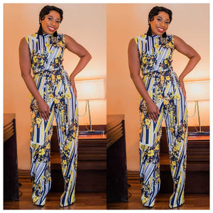 African Women's Jumpsuit Digital Printed High Stretch Sleeveless Wide Leg High Waist Jumpsuit Belt