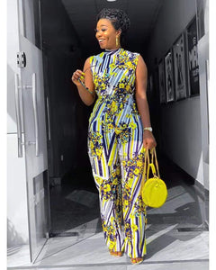 African Women's Jumpsuit Digital Printed High Stretch Sleeveless Wide Leg High Waist Jumpsuit Belt