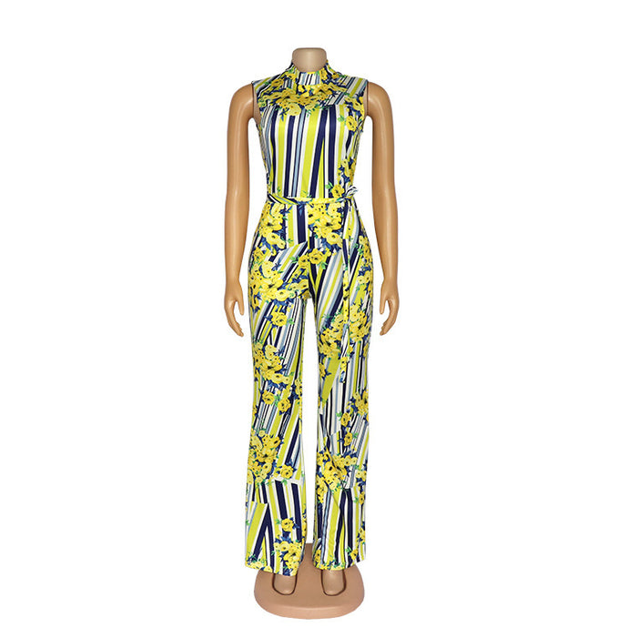 African Women's Jumpsuit Digital Printed High Stretch Sleeveless Wide Leg High Waist Jumpsuit Belt