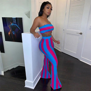 Two Piece Sexy Color Striped Wrap Chest Separate Pants Suit