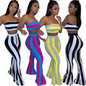 Two Piece Sexy Color Striped Wrap Chest Separate Pants Suit