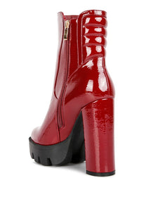 High Key Collared Patent High Heeled Ankle Boot