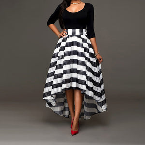 Women's one-piece collar two-piece suit skirt long-sleeved shirt + striped skirt