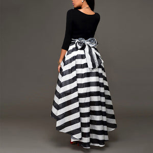 Women's one-piece collar two-piece suit skirt long-sleeved shirt + striped skirt