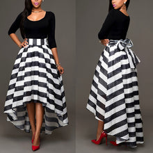 Load image into Gallery viewer, Women&#39;s one-piece collar two-piece suit skirt long-sleeved shirt + striped skirt