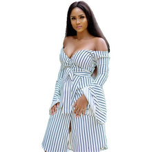 Load image into Gallery viewer, Women&#39;s Dress Wrapped Around the Chest One-Line Collar Stripe Large Swing Dress