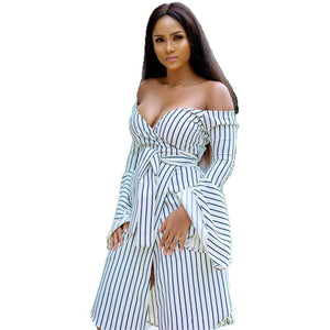 Women's Dress Wrapped Around the Chest One-Line Collar Stripe Large Swing Dress